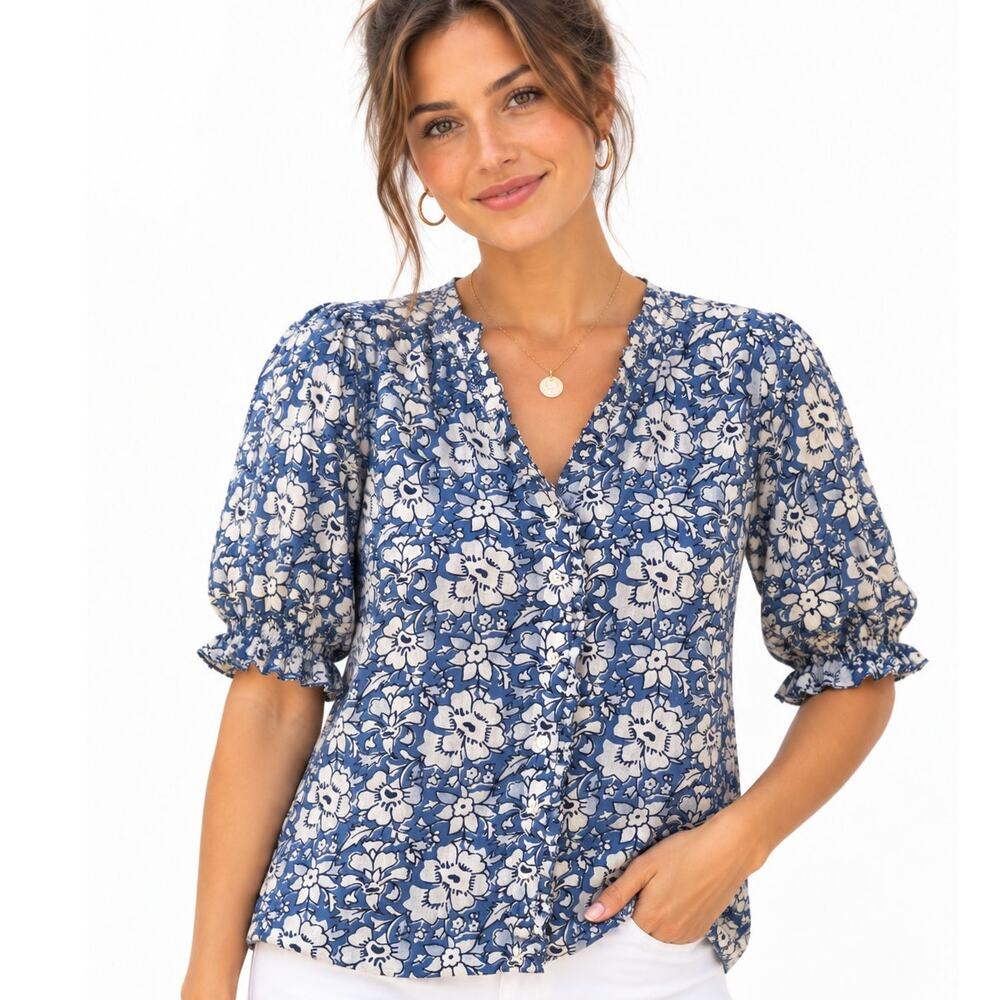 J. Crew Floral Linen Blend Top Womens Large Blue Puff Sleeve Button Cottage